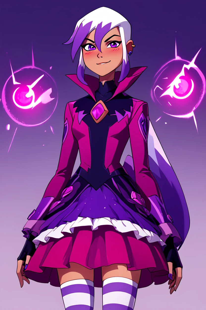 score_9, score_8_up, score_8,     BREAK, , ,,,  zCharmcaster, purple eyes, white hair, long hair, hair between eyes, purple hair, ear piercing, earrings, gloves, makeup, fingerless gloves, magic, <lora:Charmcaster_Ben10Omniverse_PDXL:1.0>, ,,,  , BREAK, closed mouth, alternate costume, smile, looking at viewer, blush, ,,, zzLFashion, frilled dress, frills, bow, dress, striped thighhighs, sweetL, cowboy shot, ,,, embedding:zPDXL, Expressiveh, ,,, <lora:Vivid:0.7>, <lora:LFashionPDXL:1>, <lora:Uncensored_PonyXL_cpt_v02.09:0.4>, <lora:Expressive_H-000001:0.4>,