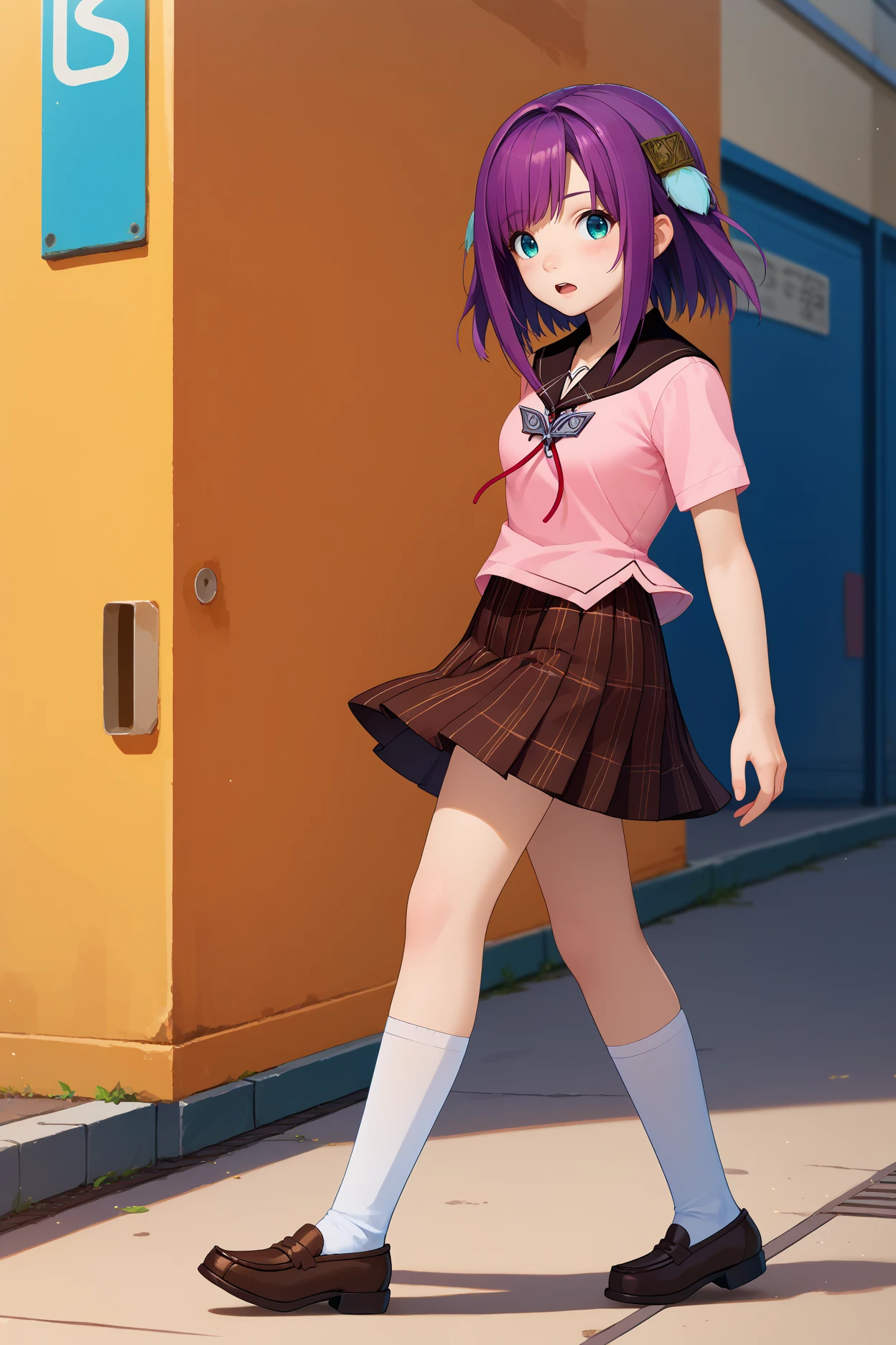 score_9, score_8_up, score_7_up, score_6_up, source_anime, 1girl, solo, <lora:rikaichinose-pdxl-nvwls-v1-000005:1> rikaichi, purple hair, cyan eyes, short hair, hair ornament, pink shirt, black sailor collar, short sleeves, neck ribbon, plaid skirt, brown skirt, blush, open mouth, looking at you, from side, walking, white socks, loafers, walking, full body, street