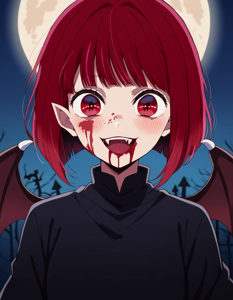 score_9, score_8_up, score_7_up, source_anime, kanaarima, <lora:kana-arima-s1-ponyxl-lora-nochekaiser:1>, kana arima, short hair, bangs, red eyes, red hair, bob cut,, <lora:vampire-ponyxl-lora-nochekaiser:1>, vampire, red eyes, pointy ears, fangs, black dress, wings, blood, blood on face, blood on mouth, bat (animal), halloween, halloween costume, upper teeth only, night, moon, blush, smile, open mouth,, looking at viewer