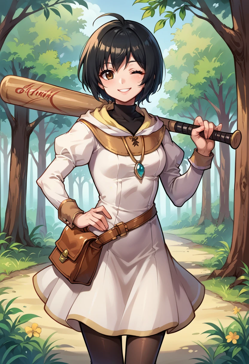 score_9, score_8_up, score_7_up, source_anime, 1girl, solo, cowboy shot, holding baseball bat,
BREAK forest, 
BREAK smile, one eye closed, <lora:LauraRDXL:1> lauraRD, black hair, short hair, ahoge, brown eyes, black turtleneck, white dress, hood down, long sleeves, juliet sleeves, pendant, satchel, pantyhose, brown boots, hand on own hip, 
BREAK  baseball bat,