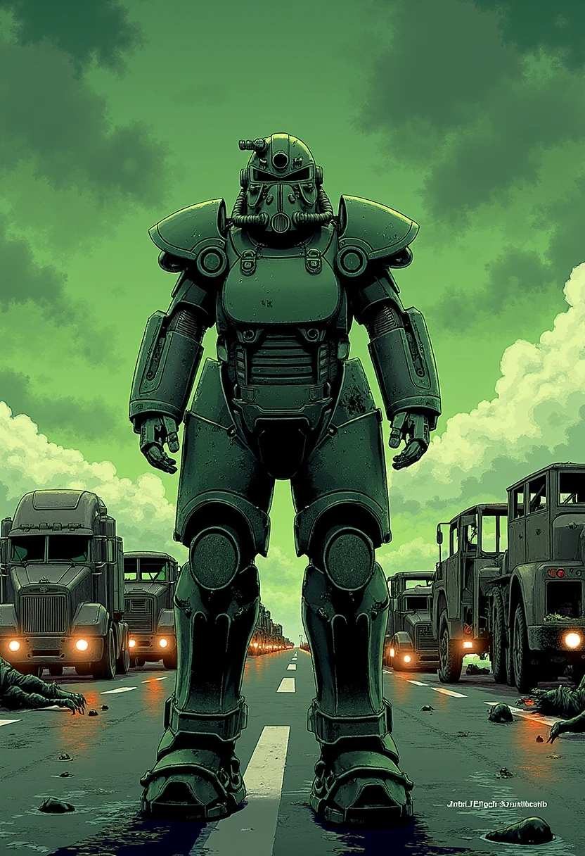 Imagine an image in the style of a gritty graphic novel: The T51 stands on a ruined highway, surrounded by burnt-out vehicles. The armor is scarred with deep gouges, showing signs of a recent battle. Mutant creatures lurk in the shadows as storm clouds gather above, casting a sickly green hue across the landscape.