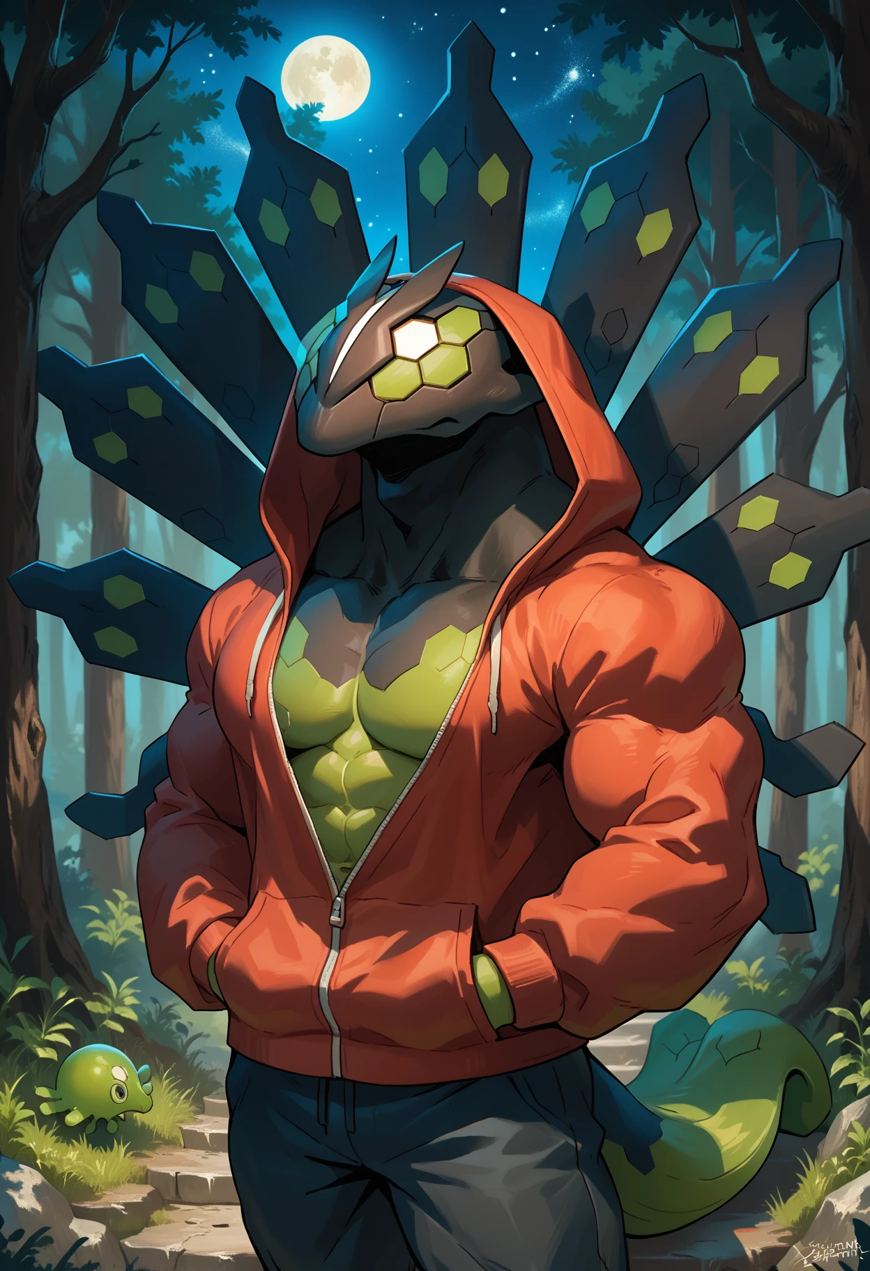 zPDXL3, score_9_up, score_8_up, score_7_up, detailed, source_furry, (best quality:1.2), hi res, digital media \(artwork\) BREAK forest, night, starry sky, walking, hand in pocket, looking up, red hoodie, black sweatpants, solo, 1 boy, zygarde_50, pokemon (creature), green and black body, compound eyes, muscular anthro <lora:detailed_notrigger:1> <lora:Zygarde50_Pokemon_V1:0.9>