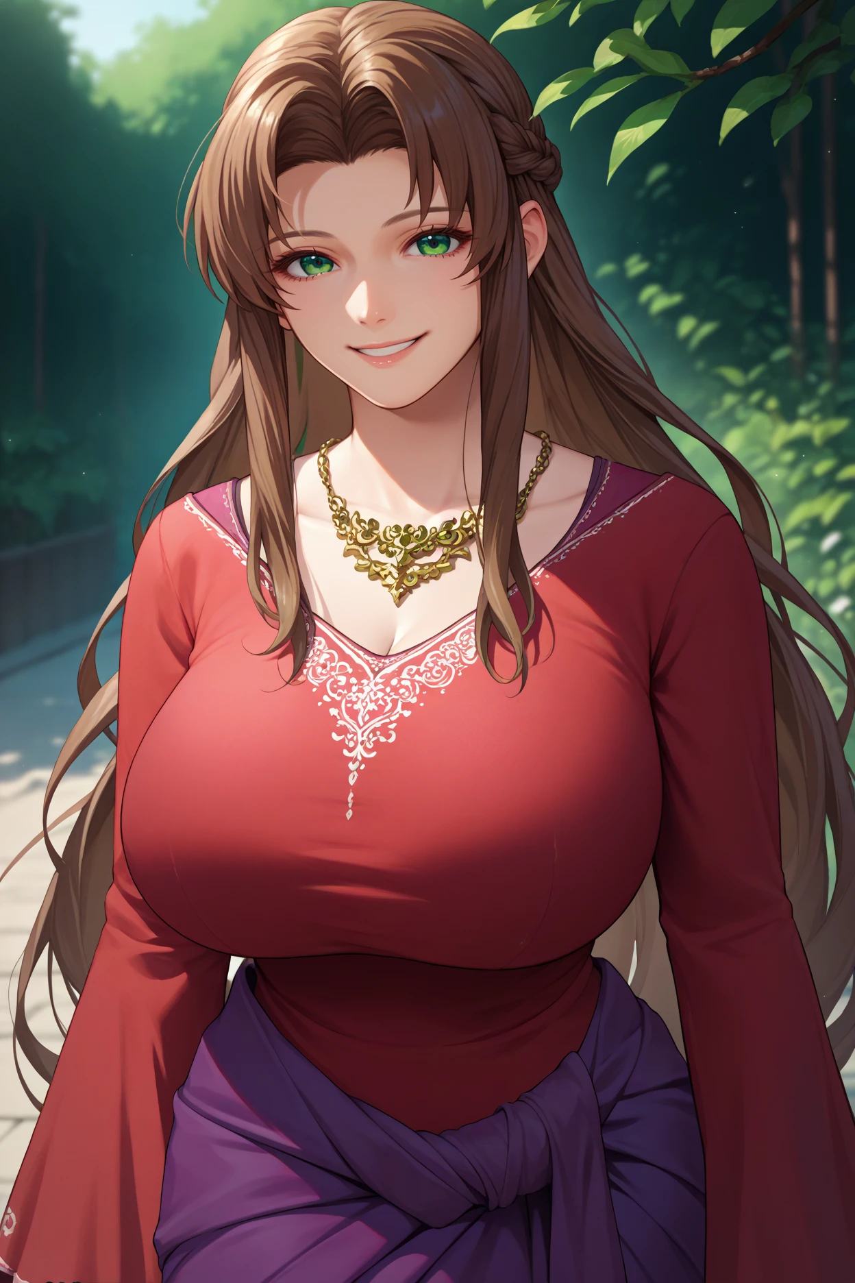 score_9, score_8_up, score_7_up, score_6_up, source_anime, 1girl, solo,  <lora:ifalna-pdxl-nvwls-v1-000005:1> ifalna, brown hair, long hair, braid, green eyes, necklace, red dress, long sleeves, purple sarong, long dress, huge breasts, looking at you, smile