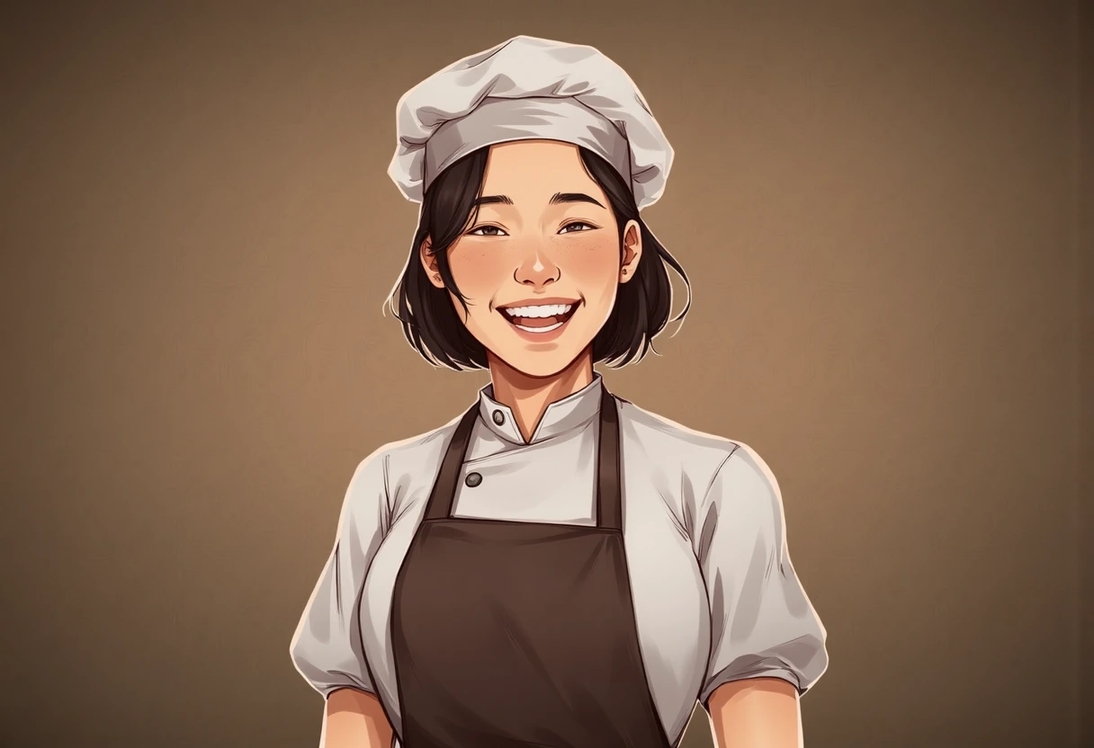 yyg_portrait of young female chef, wearing a chefs hat and apron, smiling and very excited