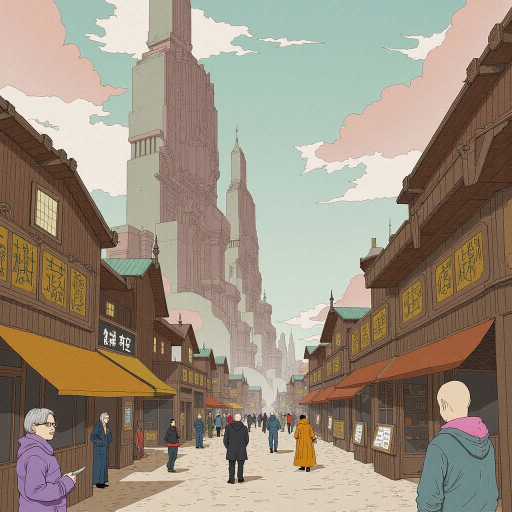 In style of Kotaro Chiba. A crowded street market featuring stalls with old wooden frames, selling modern and ancient goods, while massive futuristic skyscrapers loom in the background, blending eras.