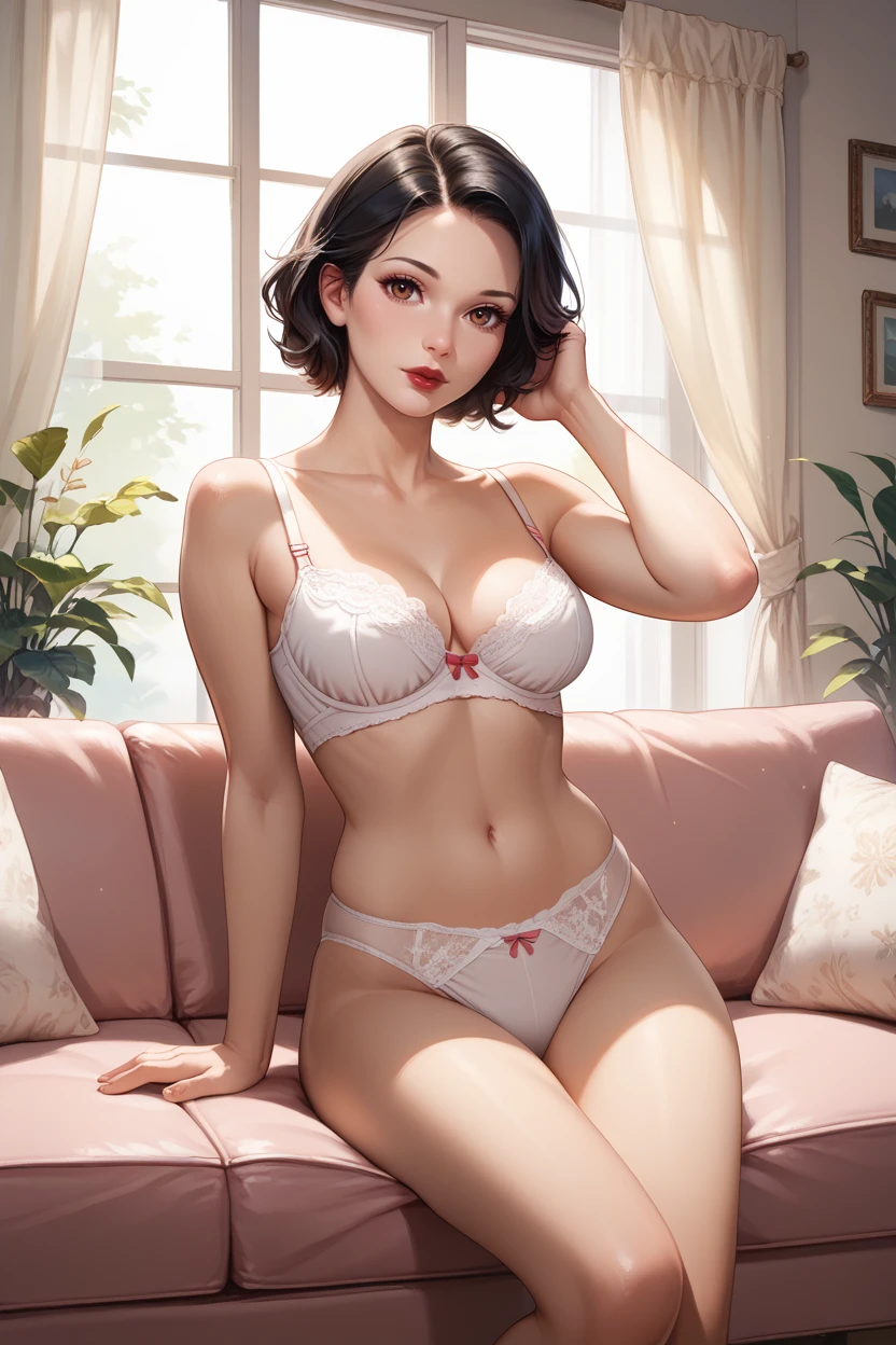 score_9, score_8_up, score_7_up,
<lora:DisneySnowWhite:0.8>
DisneySnowWhite, 1girl, black hair, brown eyes, red lips, short hair, looking at viewer, sitting, on couch, living room, pink couch, window, curtains, cowboy shot, white bra, white panties, lace trim