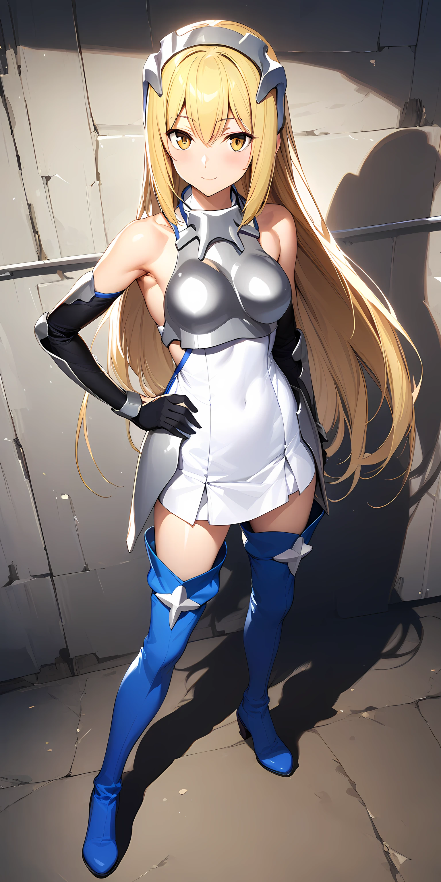 ais_wallenstein, 1girl, solo, blonde hair, long hair, yellow eyes, medium breasts, armor, armpits, white background, looking at viewer, hand on hip, smile, simple background, breastplate, dress, blue thigh boots, full body, <lora:Ais_Wallenstein:1>, (masterpiece),(best quality),(ultra-detailed),(best illustration),(best shadow),(absurdres),(detailed background),(very aesthetic),