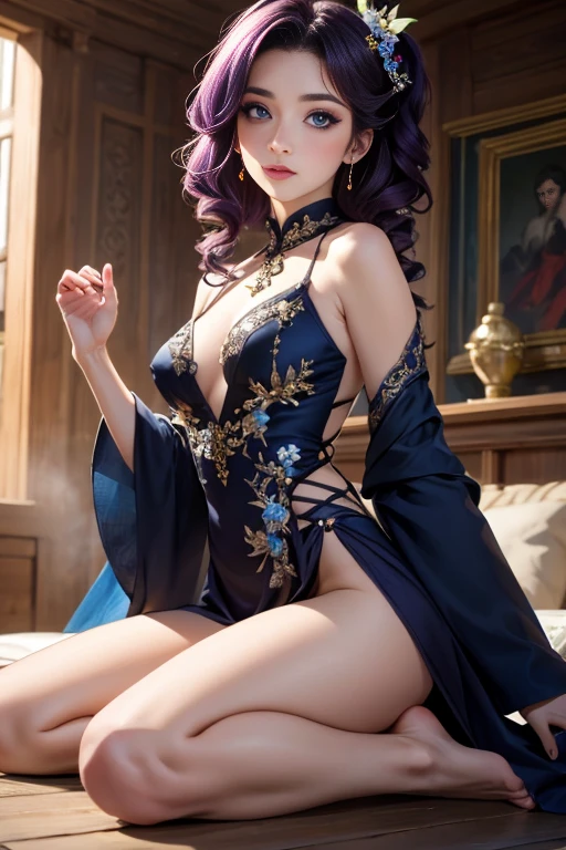 masterpiece, best quality, 1girl, dynamic angle, [:(detailed face:1.2):0.2],intricate details to the eyessky_background, barefoot, blush, strap_slip, rainbow, bare_shoulders, long dark purple hair ending in dark blue tips, drill hair style, beautiful detailed eyes,sitting, dress,couture_dress,donghua_clothes,sexy_donghua,  <lora:sexy_donghua clothes0.1:0.2>