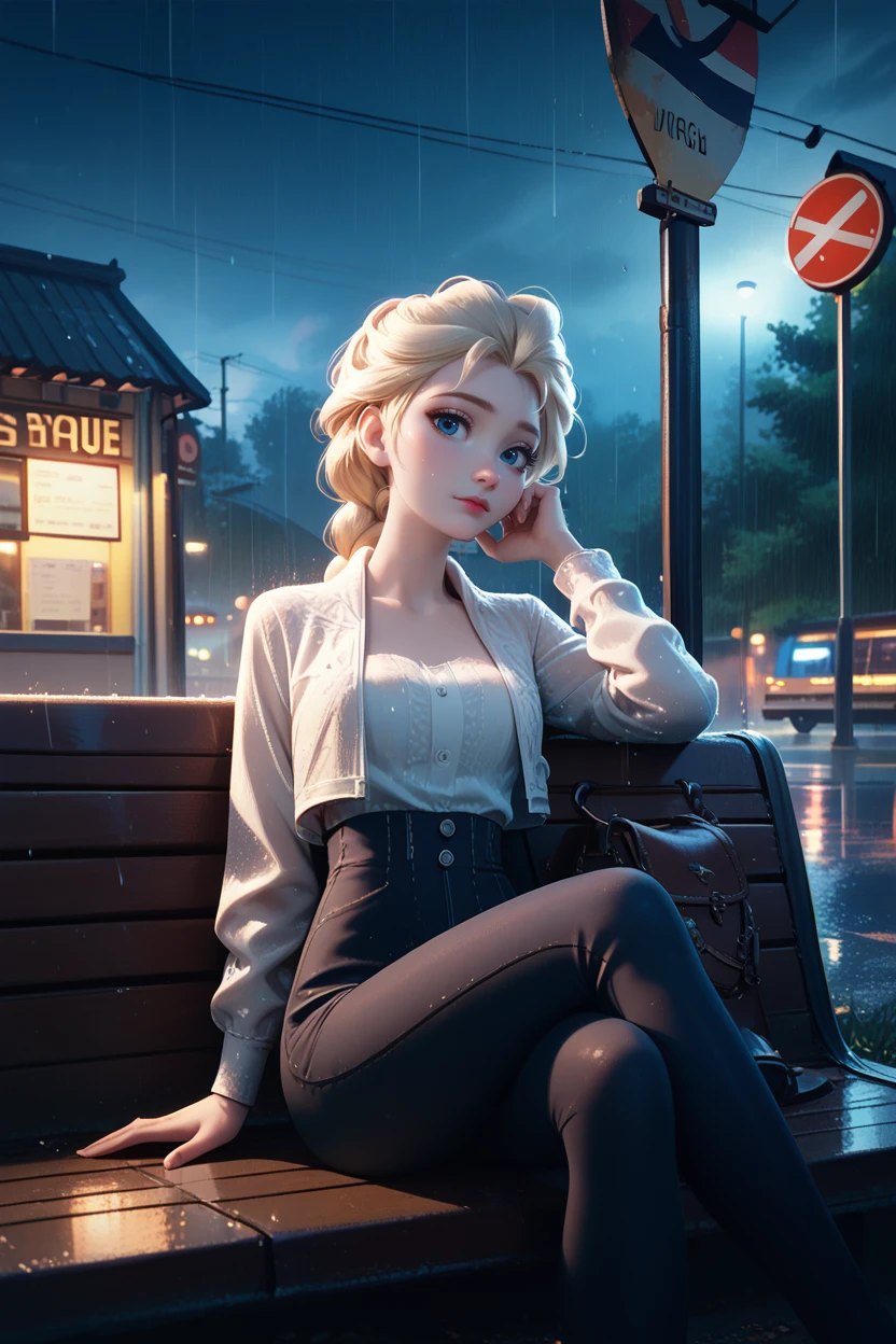 score_9, score_8_up, score_7_up,
<lora:DisneyElsa:0.8>
DisneyElsa, 1girl, blonde hair, blue eyes, braid, looking at viewer, bus stop, night, rain, sitting, leaning back, dynamic lighting, modern, vogue