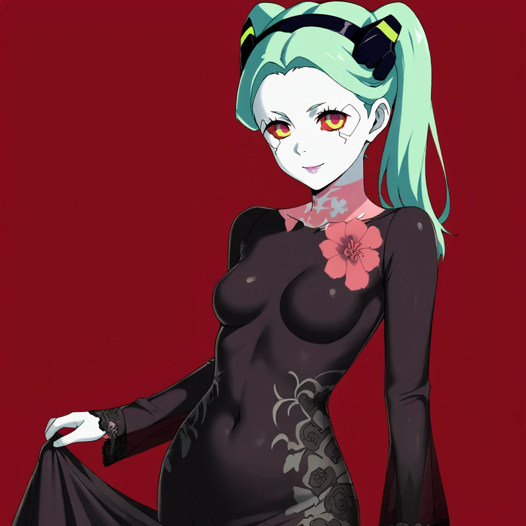 <lora:rebeccacyberpunk_pony_v1:.8>  Rebecca, rebecca (cyberpunk), 1girl, solo, colored sclera,twintails, green hair, white skin, neck tattoo,  black hairband, small breasts, red pupils, mechanical eye, artificial eye, headgear, red eyes, cowboy shot ,  <lora:1013 Home wear 30_v1_pony:1> ruanyi1013,black dress,floral print,long dress,long sleeves,see-through dress,skin tight,lace