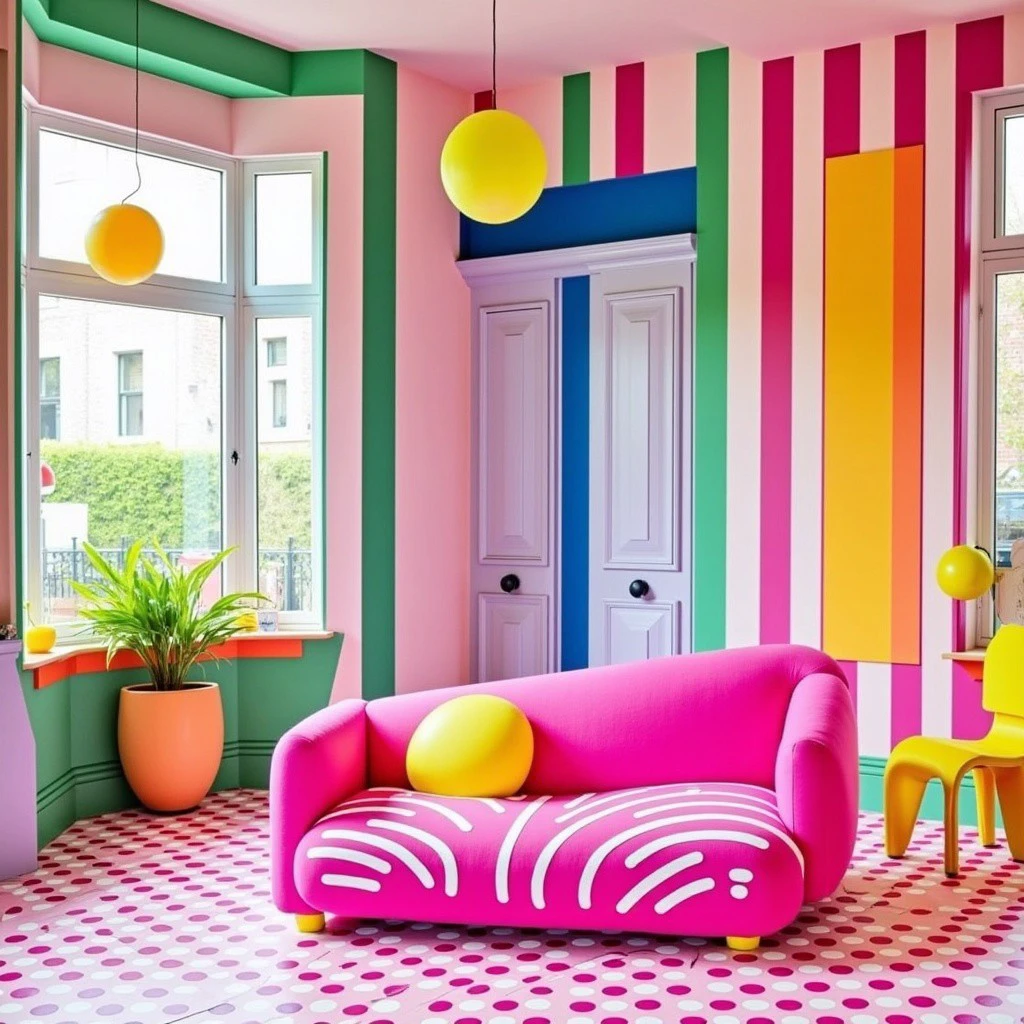 dcrvlr style room with stripped walls and polka dot floors, a pink sofa with white stripes on it, multi colored room