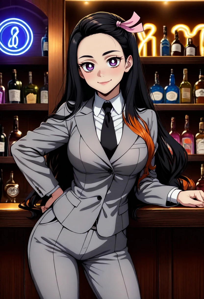 masterpiece, best quality,nezukob,1girl, solo,cowboy shot, black hair, purple eyes, orange hair, white pupils, long hair,grey suit,grey jacket, white collared shirt,grey pants, black necktie,pink hair ribbon,medium breasts,indoors,bar,neon sign,shelf, smile,sitting, contrapposto,  <lora:NezukoIllus:1>