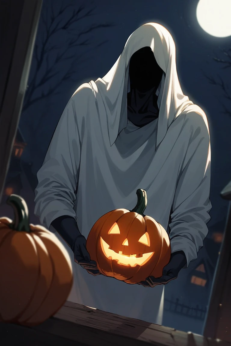 score_9, score_8_up, score_7_up, source_anime, rating_safe, night, dark, natural lighting, glowing, halloween, pumpkin, faceless-humanoid focus, holding pumpkin, Dafaceless, no face, white_Dafaceless_cloth, short hair, 1faceless, blurry indoors, dutch angle, intricately detailed illustration, depth of field, atmospheric perspective, horror (theme), orange theme