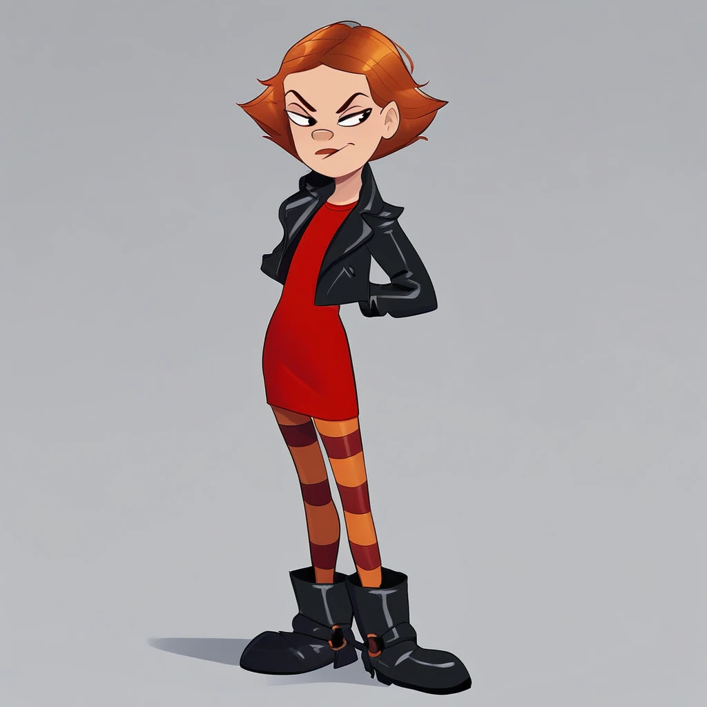 black leather biker jacket over a short-sleeved red dress with a round neckline, red-and-orange striped tights, oversized black rubber biker boots with buckles