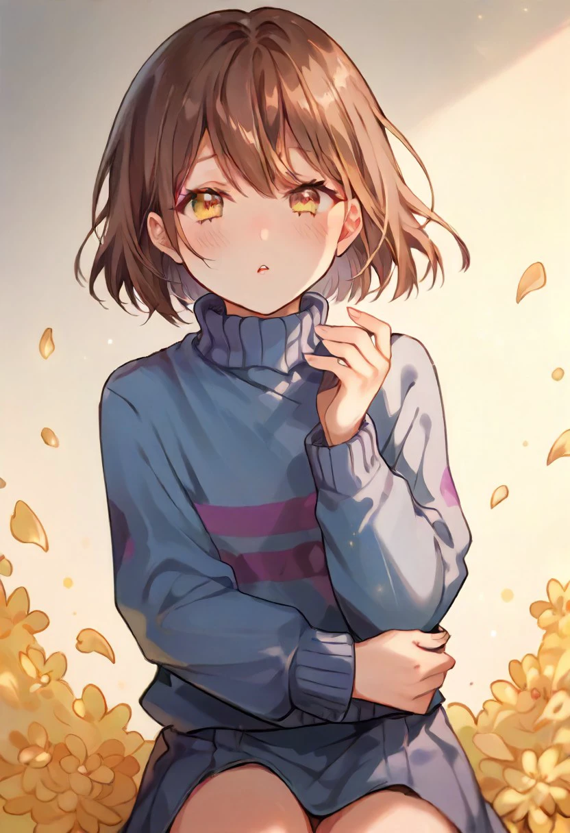 score_9, score_8_up, score_7_up ,FriskXL11, yellow eyes, brown hair, blue sweater with purple stripe,short hair, boots ,petals on arm, hansome face,blush, high detailed face, 
<lora:Frisk:1.0>