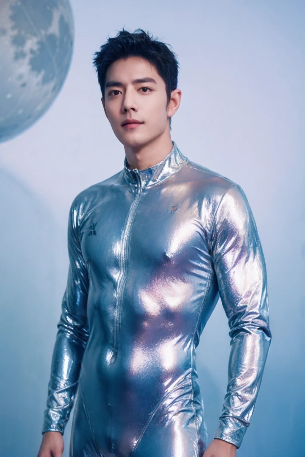 closeup, portrait, male focus,1boy, short black hair cut, athletic body, handsome model, looking at the camera, shiny full-body silver suit, shiny silver latex suit, future world, background full moon, cinematic lighting, bokeh,