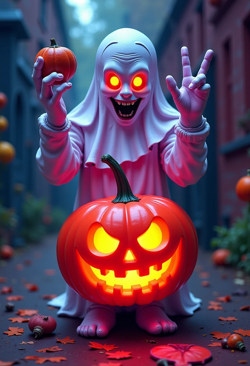 the spookymoky ghost holding pumpkins celebrating helloween. Bizarredreams  <lora:FLUX_Bizarredreams:1> <lora:FLUX_Helloween_Spookymoky_Style:1>