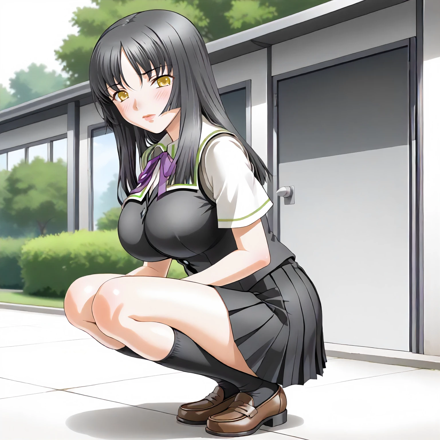 <lora:AtB_BiwaHanamaruXLpony001>,
outdoors,
solo,
BiwaHanamaru,1girl,black hair,long hair,yellow eyes,
large breasts,
school_uniform,white shirt,black vest,short_sleeves,
pleated_skirt,
squatting,