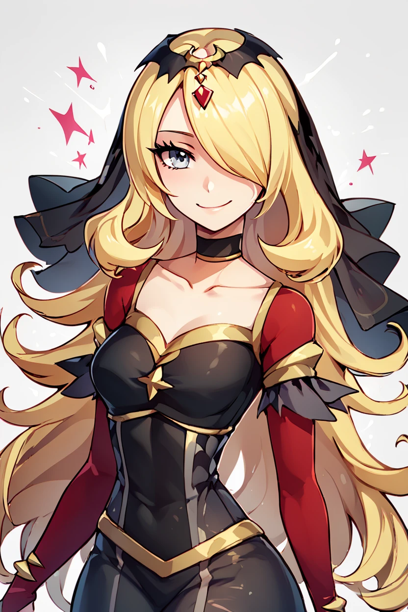 score_9, score_8_up, score_8, medium breasts, (curvy), cute, eyelashes,       BREAK, , ,,,  zzCynthiaRenegade, grey eyes, long hair, blonde hair, hair over one eye, hair ornament, official alternate costume,  black dress, black choker, veil, tiara, collarbone,  <lora:CynthiaRenegade_Pokemon_PDXL:1.0>,   ,,, , BREAK, smile, looking at viewer, ,,, abstract background, white outline, cowboy shot, ,,, embedding:zPDXL, Expressiveh, ,,, <lora:CatalystStylePDXL:0.6>, <lora:SDXLFaeTastic2400:0.5>, <lora:Expressive_H-000001:0.4>,