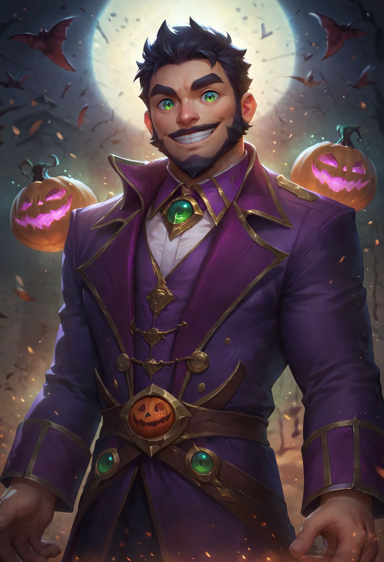 score_9, score_8_up, score_7_up, score_6_up, score_5_up, score_4_up, 1boy, solo, purple coat, purple suit, portrait, close-up, beard, full beard, jack-o'-lantern,  black hair, green eyes, thick eyebrows, smile, magical, particles, glowing, detailed, moonlight, masterpiece, best quality,  <lora:ArtStyle_Bewitching_Fantasy:0.75> b3w1tch