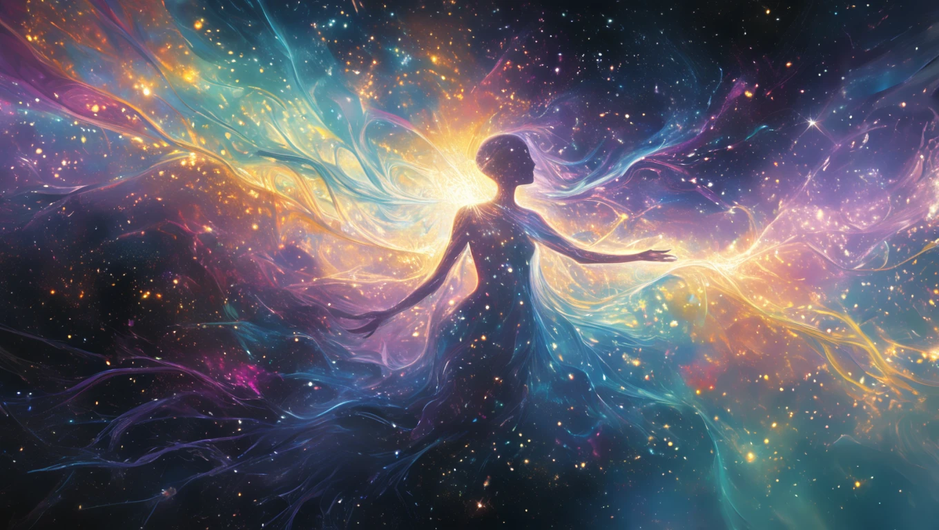 soul threads merging, celestial bodies, cosmic energy, soft pastel colors, serene expression, space dust, backlight glow, wide angle  <lora:artfullyTOL:1>, arttl, masterpiece, (figure, soul),