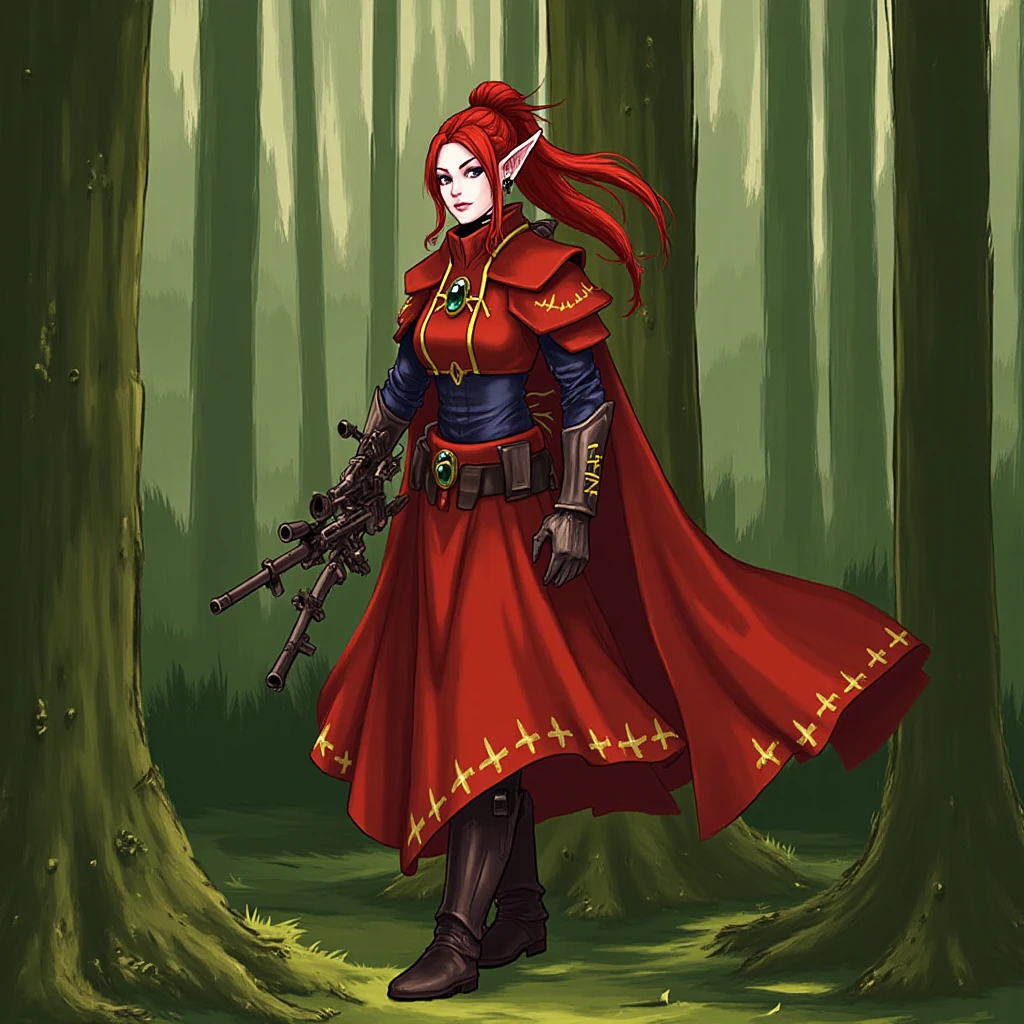 aeldari, asuryani, aeldari ranger, cloth-covered aeldari's armor, solo, long hair, gloves, 1girl, holding, standing, ponytail, weapon, female focus, red hair, boots, pointy ears, cape, holding weapon, tree, gun, nature, rifle, forest, sniper rifle