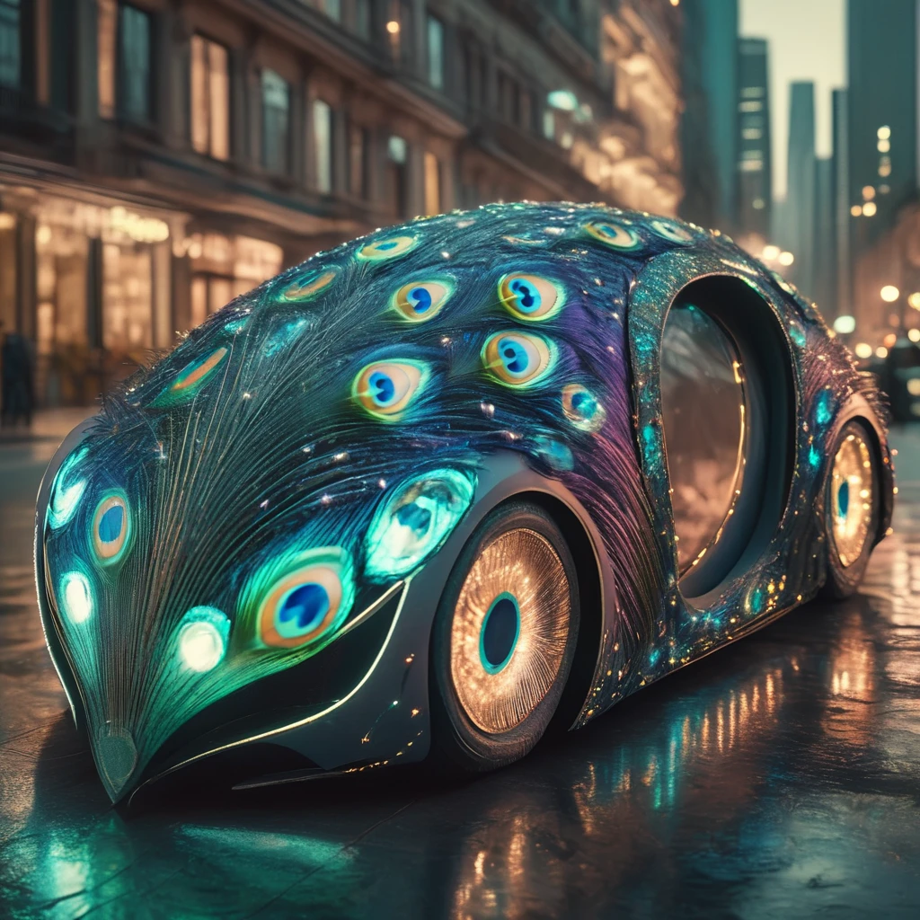 pavolaris futuristic car in city with peacock feathers, professional  photo, expressive, detailed, sharpened, cinematic<lora:pavolaris:1>