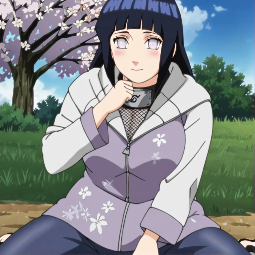 <lora:Hinata:1>, hinata, her dark blue hair hair reaches her lower back, and the framing strands reach shoulder-length, she dons a lavender and cream hooded-jacket, with lavender cuffs over mesh armour, she also wears navy blue pants, black, low-heeled sandals, and changes the cloth of her forehead protector, from blue to black, she also has a big chest