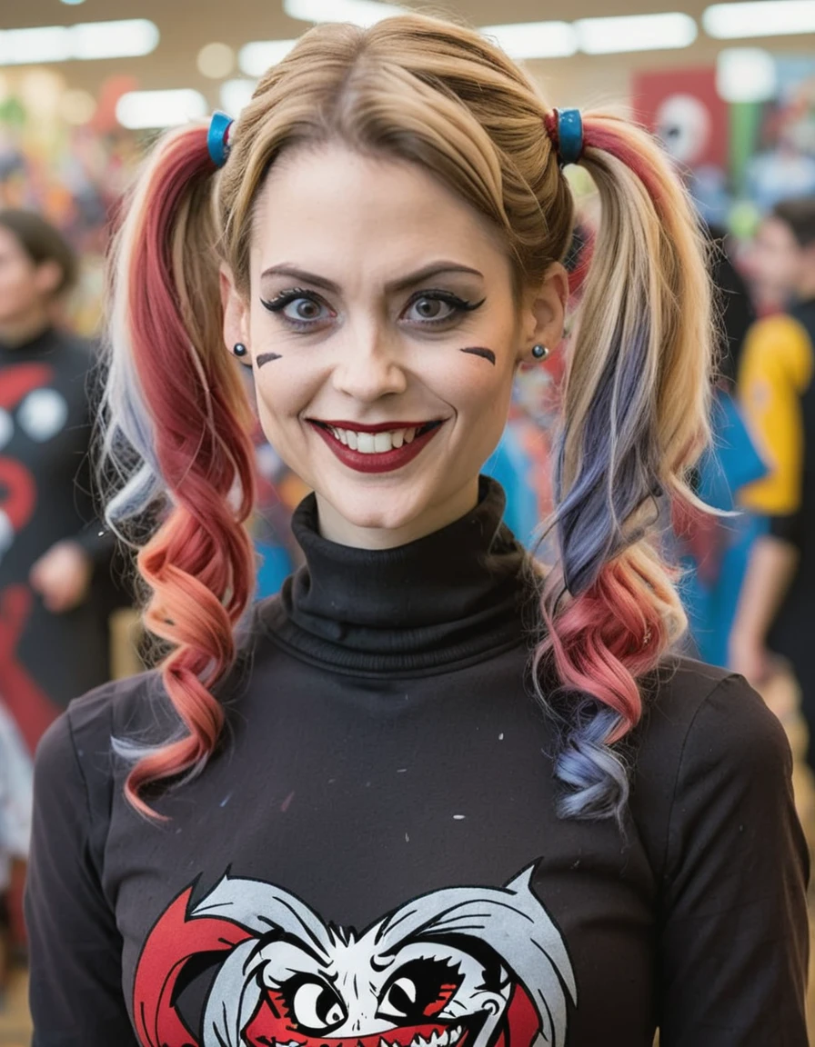 a professional absurdres sharp-focus intricately detailed photograph of Lauriane_Gilliéron with a creepy grin, 
cute hair, intricately stitched turtleneck long dress, looking at the viewer,
cosplaying as harley quinn wearing a slayer t-shirt,
<lora:Lauriane_Gilliéron-SDXL:1>