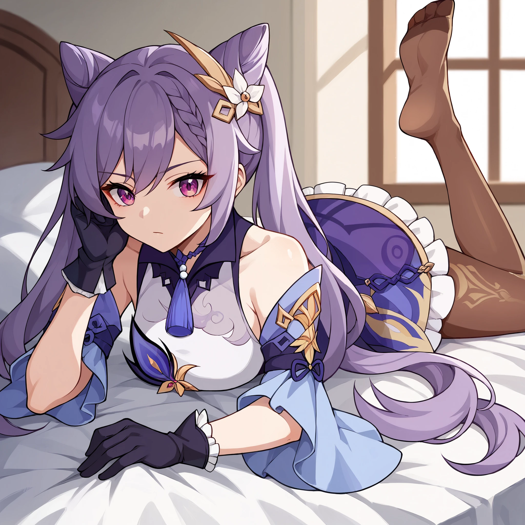 score_9, score_8_up, score_7_up, score_6_up, score_5_up, score_4_up, BREAK source_anime, look at viewer, rating_safe,  1girl, solo, bedroom, on bed, lying, on stomach, masterpiece, best quality,  keqingdef, purple hair, cone hair bun, purple eyes, long hair, double bun, braid, twintails, purple dress, detached sleeves, sleeveless, bare shoulders, skirt, purple gloves, brown pantyhose,