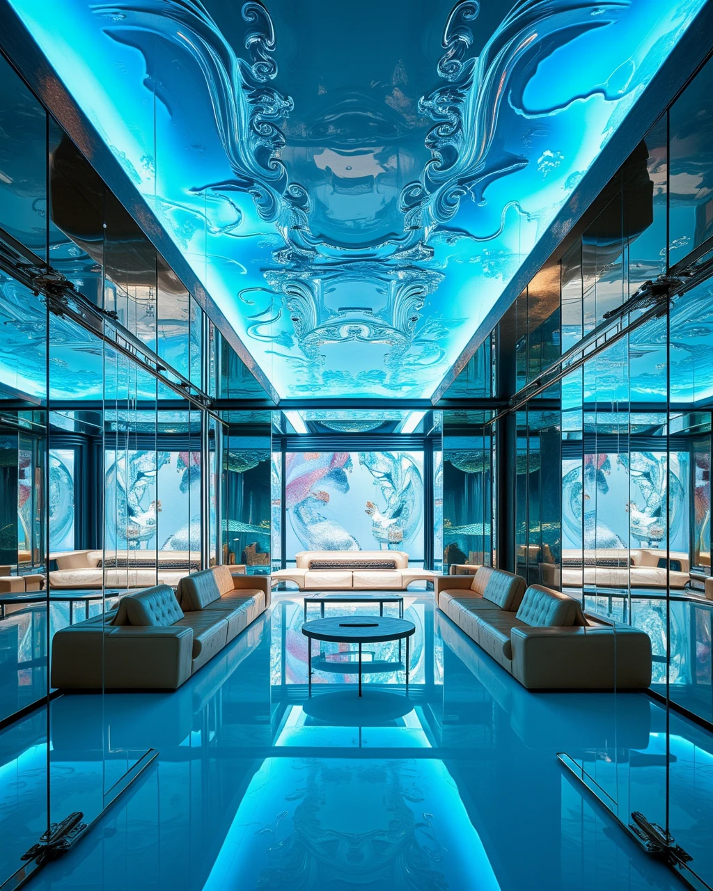 glassbarbylaushine,a high-resolution photograph of a luxurious, modern living room interior. The furnitures is designed with a sleek, futuristic aesthetic, featuring a vibrant blue ceiling and mirrored walls that create a reflective, symmetrical effect. The ceiling is adorned with intricate, metallic, wave-like patterns, adding a touch of elegance. The mirrored walls extend from the ceiling to the floor, doubling the visual impact of the living room's contents. 