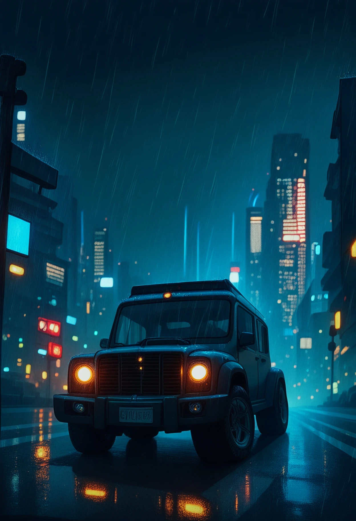 hifirush, safe_pos, score_9, score_8_up, score_7_up, truck, vehicle, city, night, rain
,