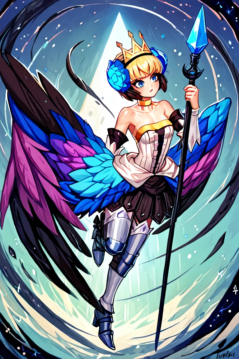 score_9, score_8_up, score_7_up, gwendolyn, 1girl, solo, crown, weapon, polearm, long hair, wings, armor, spear, strapless dress, blue eyes, strapless, bare shoulders, armored dress, dress, multicolored wings, choker, boots, low wings, grey hair, short hair