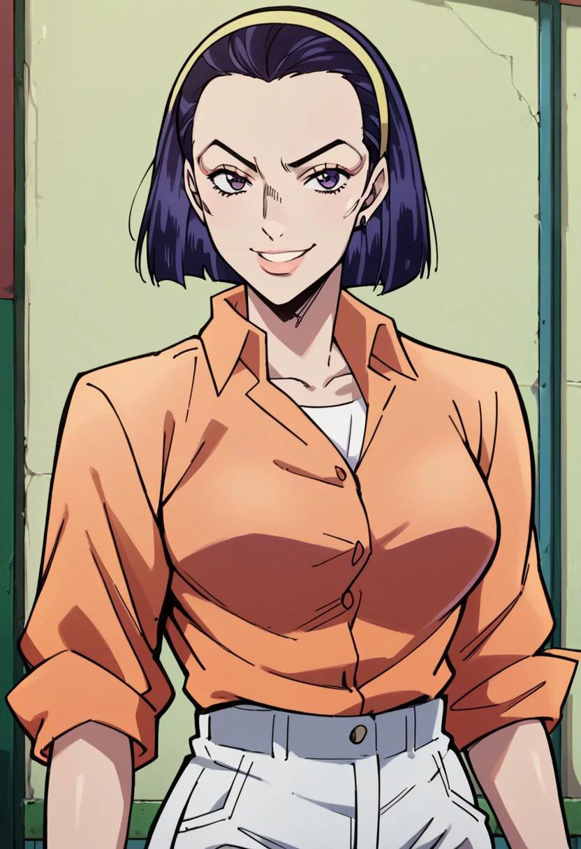 score_9, score_8_up, score_7_up, outdoors, close-up, 1girl, Tomoko Higashikata, orange shirt, button-up shirt, white pants, standing, looking at viewer, smile, light skin, big breasts, wide hips, correct hands, (highest quality, perfect quality, best quality, highly detailed, intricate detail, beautiful eyes, detailed face and eyes, perfect background, detailed background, detailed body, detailed anatomy, perfect anatomy, high-contrast),