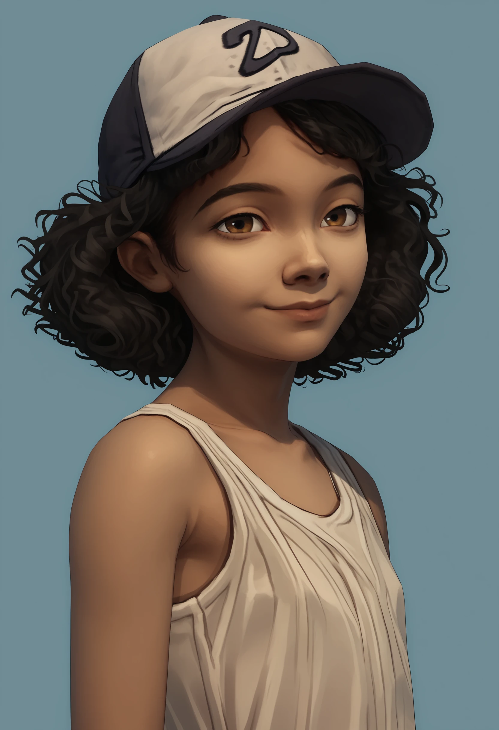 score_9, score_8_up, score_7_up, score_6_up, score_5_up, score_4_up, 1girl, <lora:ClementineS1:0.7> solo, skinny, black hair, curly hair, brown eyes, dark skin, hat, baseball cap, dress, sleeveless, smile, looking at viewer, bedroom eyes, head tilt, face focus, close up, from side, 
simple background, light blue background,