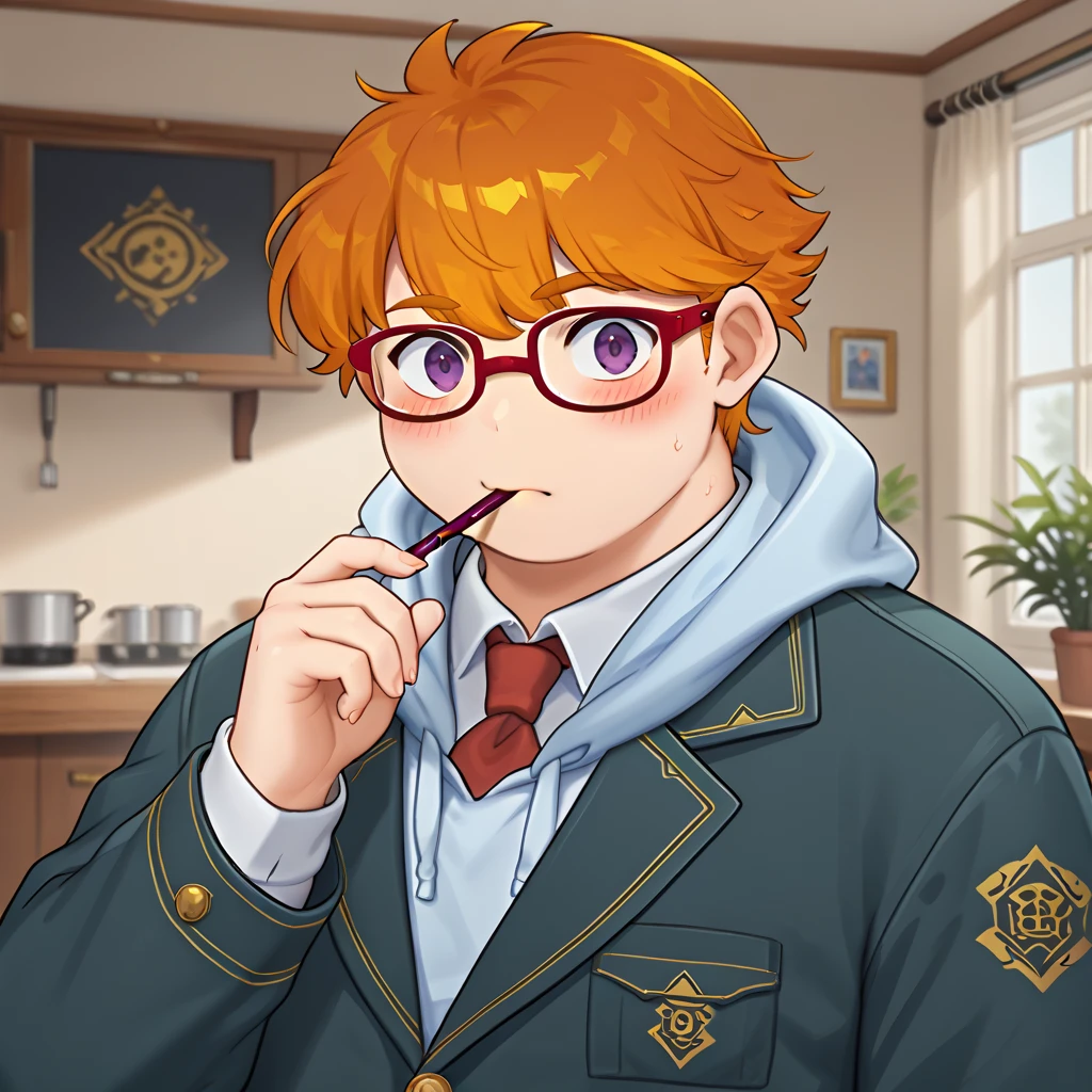 indoors, holding pocky, eating, (from side), back, looking at viewer, blush, surprised, <lora:yotaro-v1-11:0.8> lahyotarolw, 1boy, solo, plump, fat:0.5, orange hair, red glasses, white shirt under clothes, red necktie, light blue hoodie, (green blazer), <lora:PerfectEyesXL:0.8> perfecteyes, purple eyes, <lora:Expressive_H:0.6> Expressiveh, zPDXL,, score_9, score_8_up, score_7_up, score_6_up, score_5_up, score_4_up