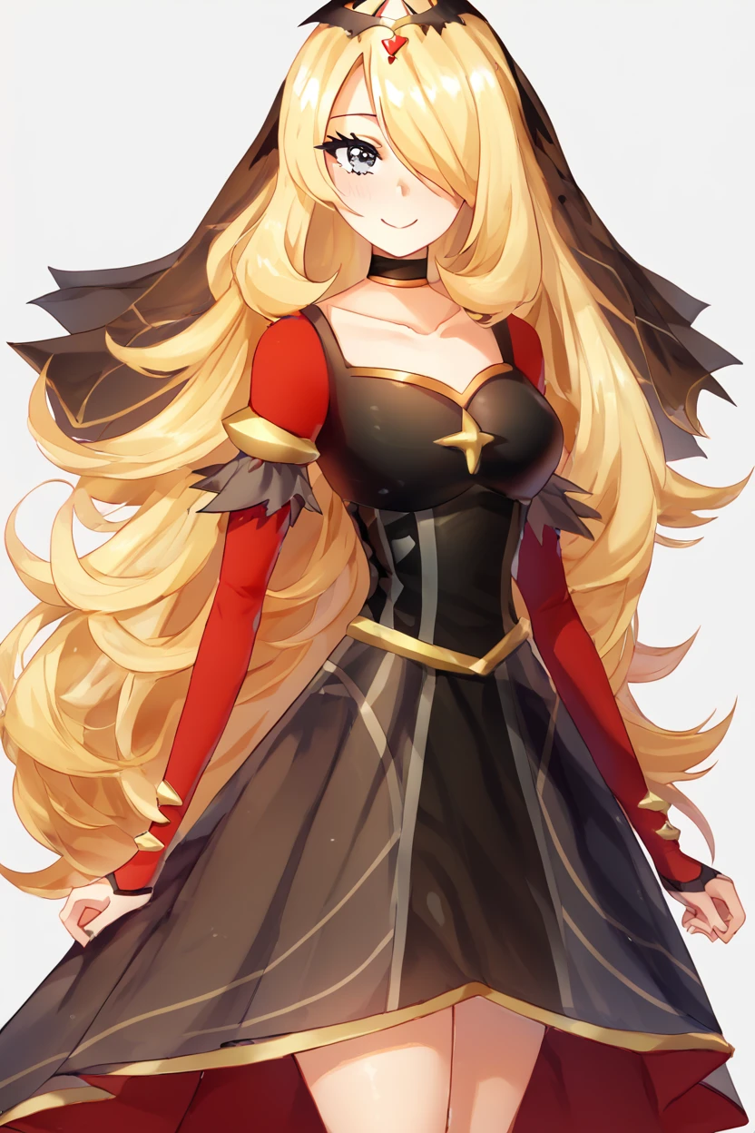 score_9, score_8_up, score_8, medium breasts, (curvy), cute, eyelashes,       BREAK, , ,,,  zzCynthiaRenegade, grey eyes, long hair, blonde hair, hair over one eye, hair ornament, official alternate costume,  black dress, black choker, veil, tiara, collarbone,  <lora:CynthiaRenegade_Pokemon_PDXL:1.0>,   ,,, , BREAK, smile, closed mouth, looking at viewer, cowboy shot, ,,, embedding:zPDXL, Expressiveh, ,,, <lora:Puppypaww_Style_PDXL_v2:0.8>, <lora:SDXLFaeTastic2400:0.5>, <lora:Expressive_H-000001:0.4>,