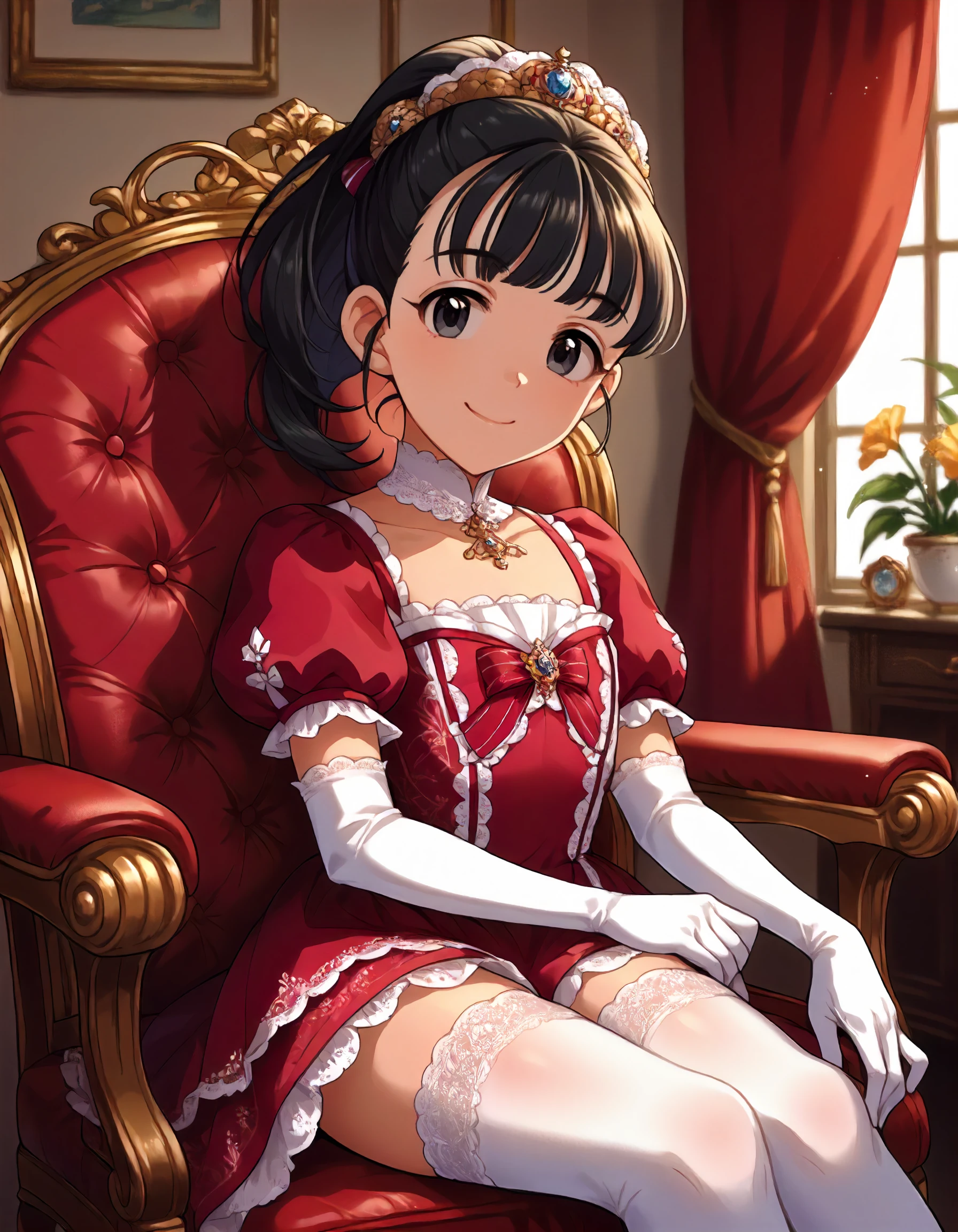 score_9, score_8_up,score_7_up,1girl,sitting,looking at viewer,smile,closed mouth,sit on victorian chair,
<lora:fukuyamamai_ponyXLV6:0.8>,cgfm,
black hair,ponytail,black eyes,flat chest,
princess,red dress,puffy sleeves,white elbow gloves,white thighhighs