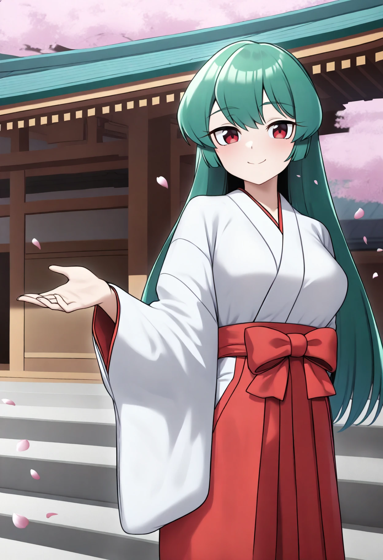 best quality, amazing quality, very aesthetic, absurdres,
1girl, minakamisayo, green hair, long hair, red eyes,
red hakama, white kimono, japanese clothes, miko,
smile, solo, looking at viewer, outdoors, cheerry trees, blossoms, cherry petals floating, japanese temple background   <lora:MagiaAzureIllustriousXL_byKonan:1>