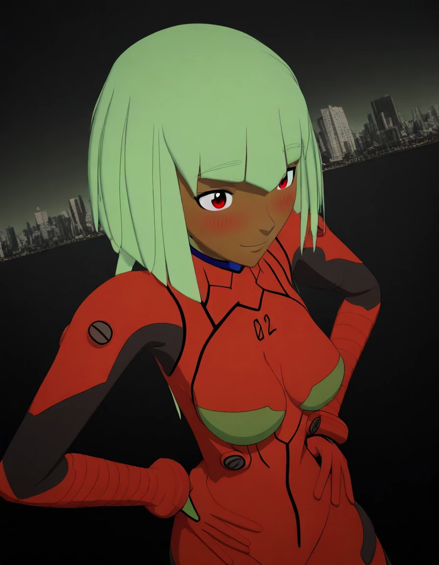 , <lora:emerald-sustrai-illustrious-lora-nochekaiser:1>, emerald sustrai, short hair, red eyes, green hair, dark skin, dark-skinned female, medium breasts, 3d, <lora:souryuu-asuka-langley-cosplay-ponyxl-lora-nochekaiser:1>, souryuuasukalangleycosplay, souryuu asuka langley (cosplay), bodysuit, pilot suit, plugsuit, red bodysuit, interface headset,, cityscape, smile, blush, hands on hips,, , dutch angle,