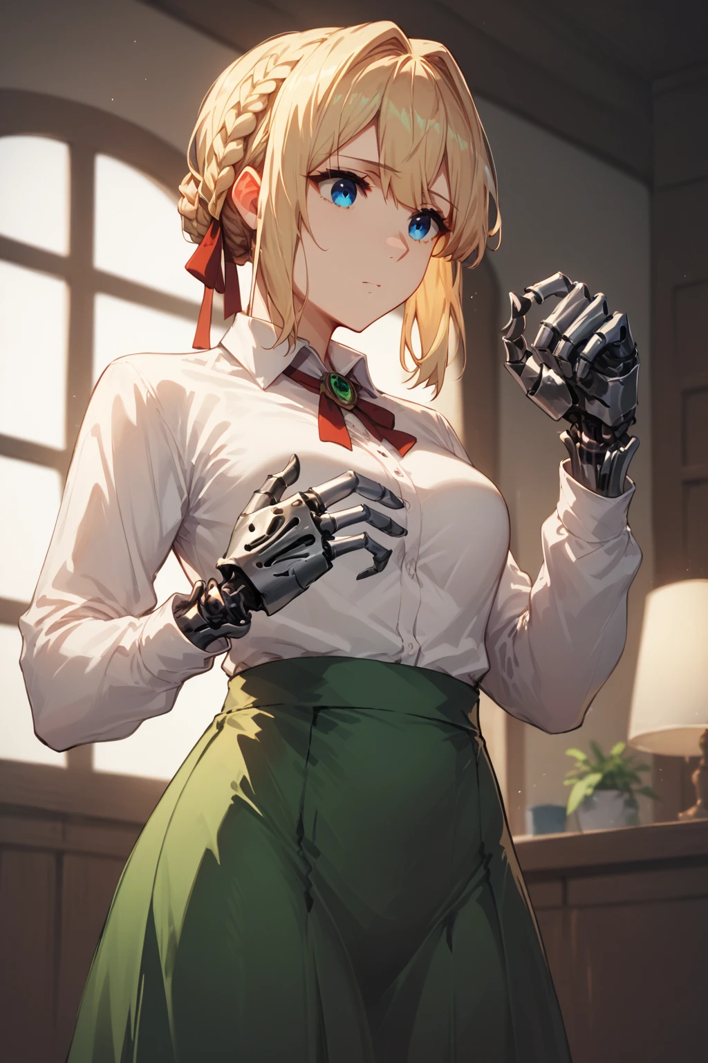 score_9, score_8_up, score_7_up,1girl,violet evergarden,blonde, braid, red ribbon, blue eyes, medium breasts, white shirt, collared shirt, green skirt, medium skirt,long sleeves, mechanical hands,indoors