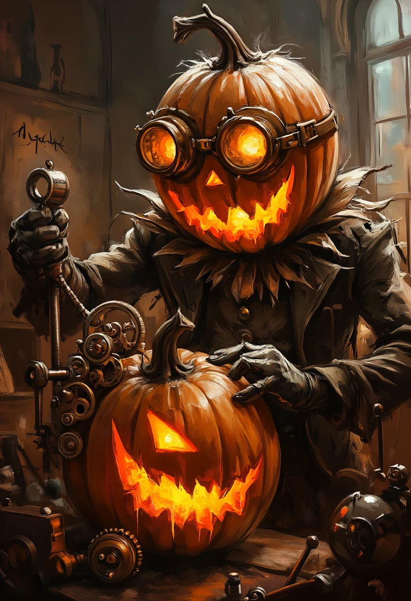 J4CK is depicted as a steampunk inventor in his workshop. J4CK works on a mechanical pumpkin with intricate gears. Wearing brass goggles, J4CK is focused, in the style of steampunk art.