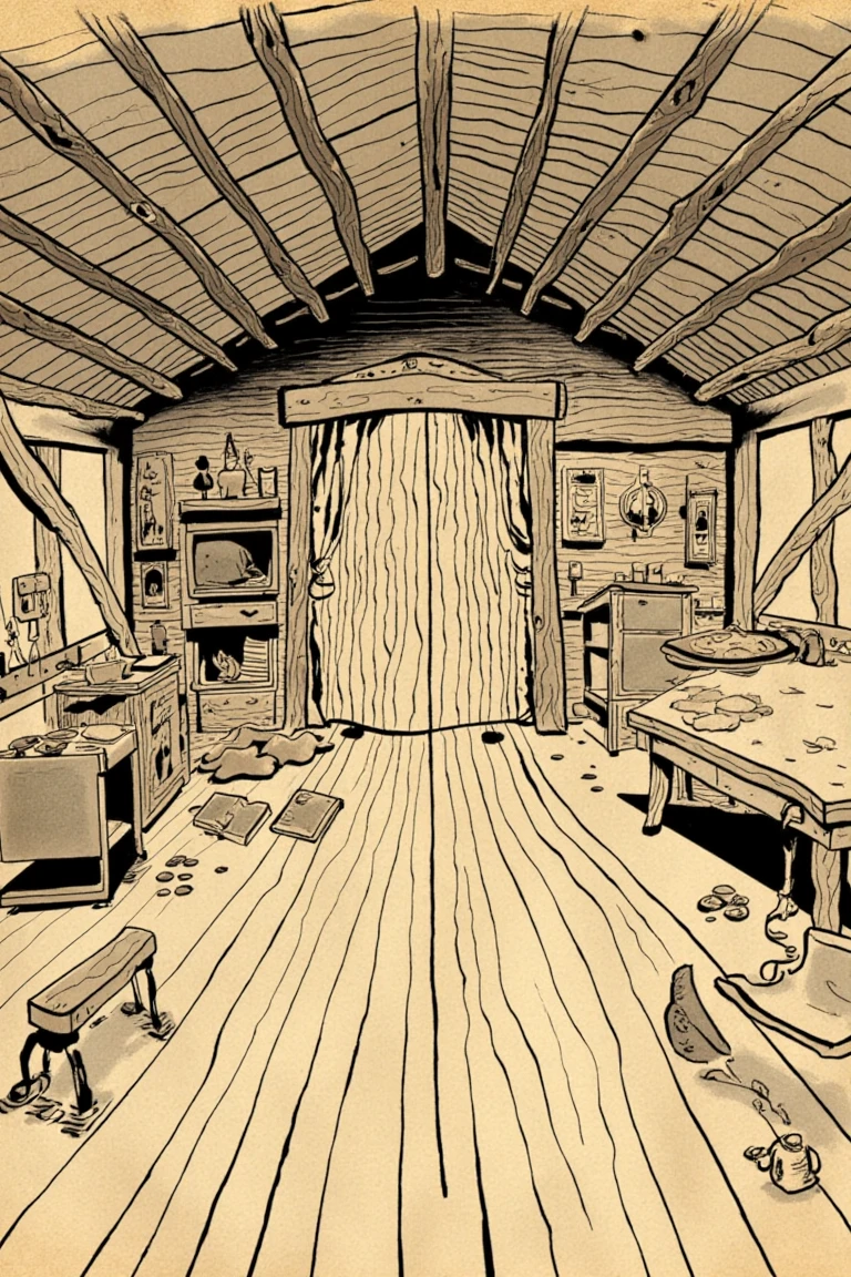 interior of a wooden building, black ink illustration on yellowed paper