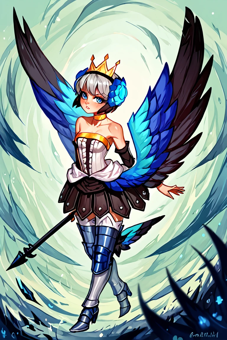 score_9, score_8_up, score_7_up, gwendolyn, 1girl, solo, crown, weapon, polearm, long hair, wings, armor, spear, strapless dress, blue eyes, strapless, bare shoulders, armored dress, dress, multicolored wings, choker, boots, low wings, grey hair, short hair