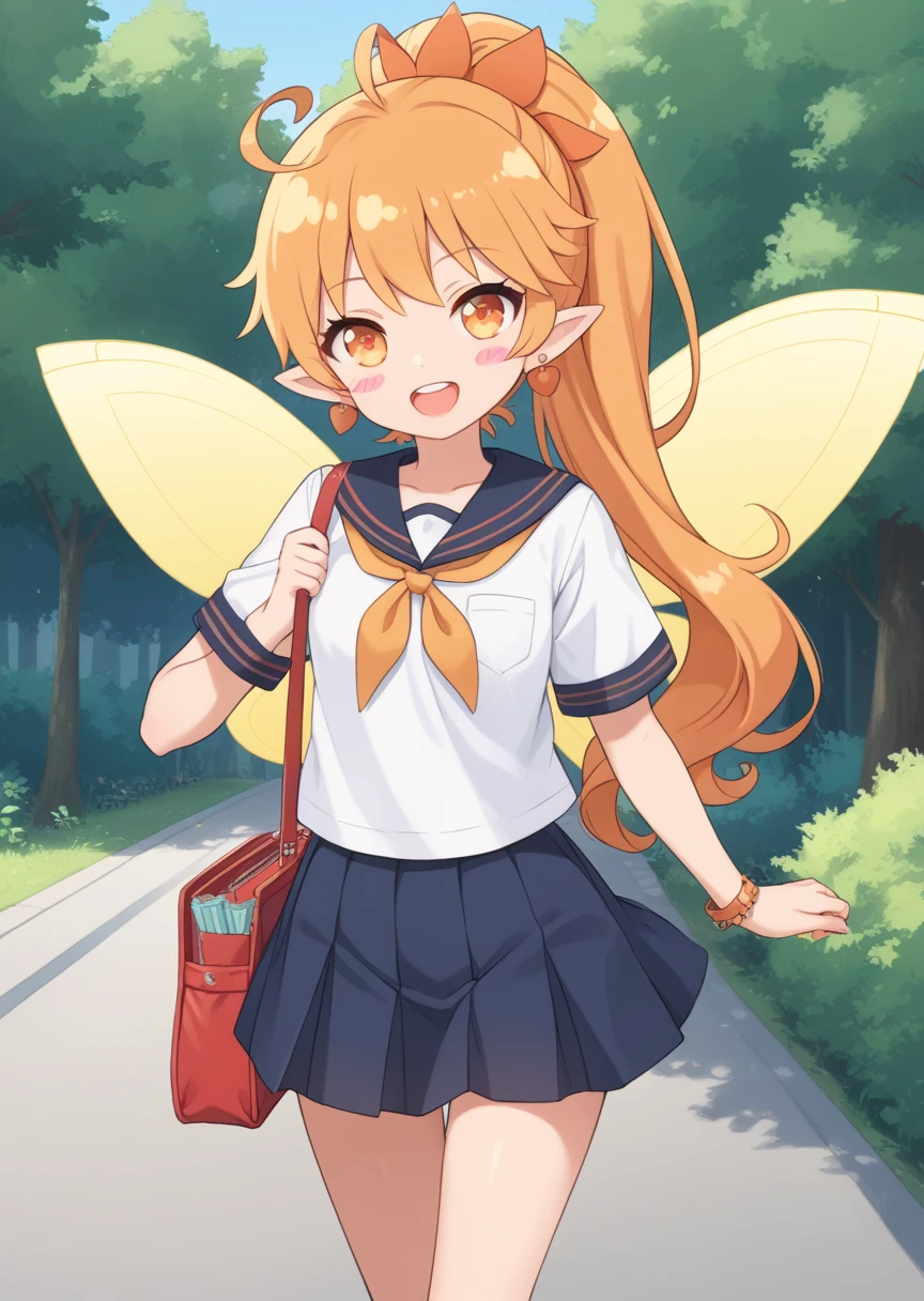 score_9, score_8_up, score_7_up, score_6_up, source anime, BREAK
Himawari, human, female, 1girl, solo, school uniform, long hair, looking at viewer, smile, open mouth, blonde hair, jewelry, ahoge, :d, earrings, wings, teeth, pointy ears, flat breasts, orange hair, orange eyes, blush stickers, fairy wings, fairy, ponytail, walking, bag, drinking juice box