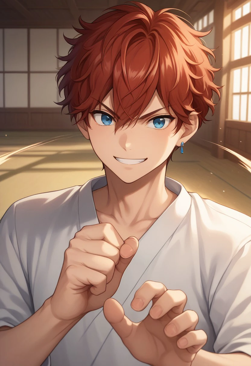 score_9, score_8_up, score_7_up, source_anime, highly detailed, 
amagiro, 1boy, male focus, solo, red hair, bangs, short hair, hair between eyes, blue eyes, dougi, jewelry, earrings, upper body, smile, determined, fight stance,
indoor, dojo,