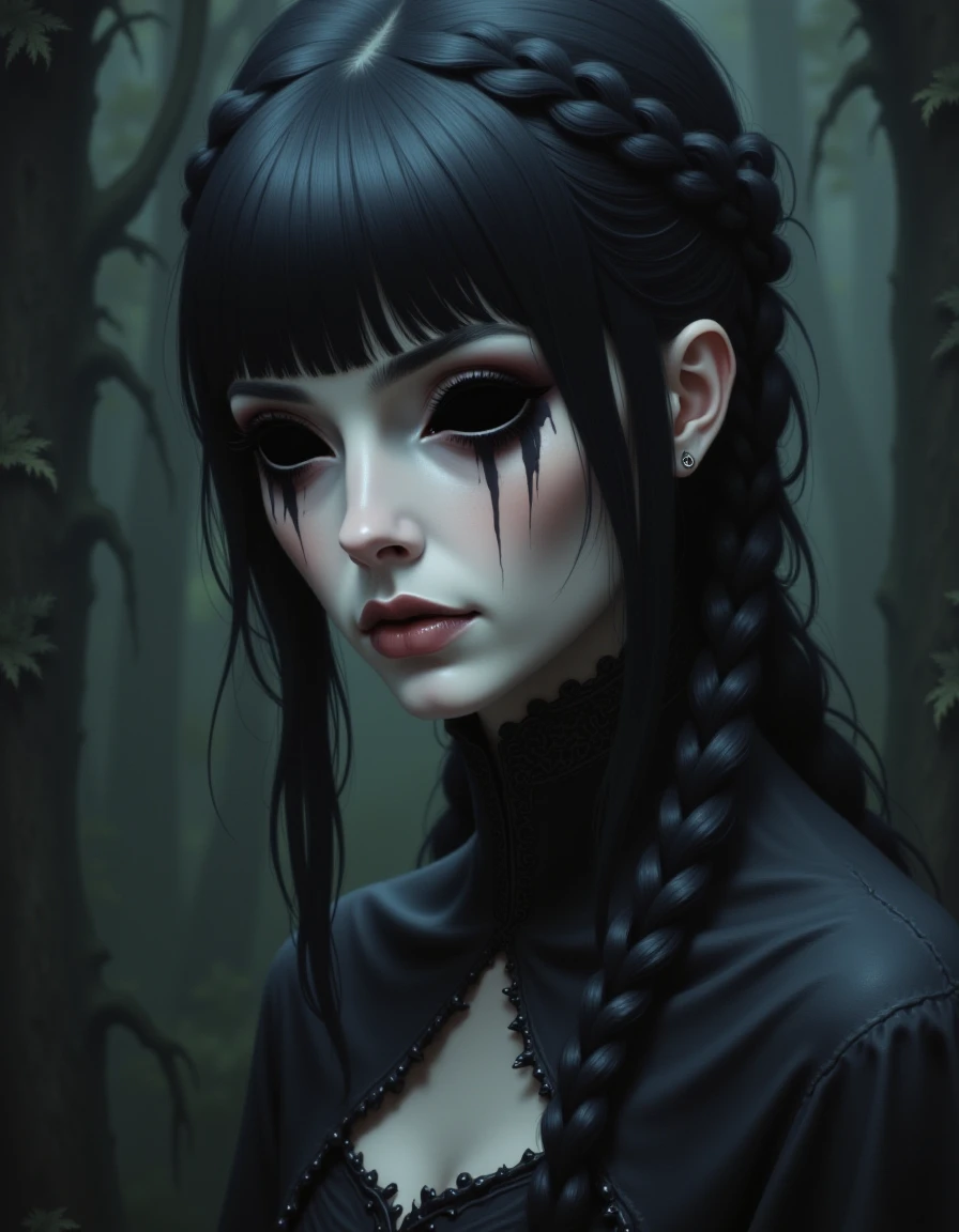 A cinematic photograph of a beautiful woman with hollow eyes, long hair, blunt bangs, braided ponytail, dark castle