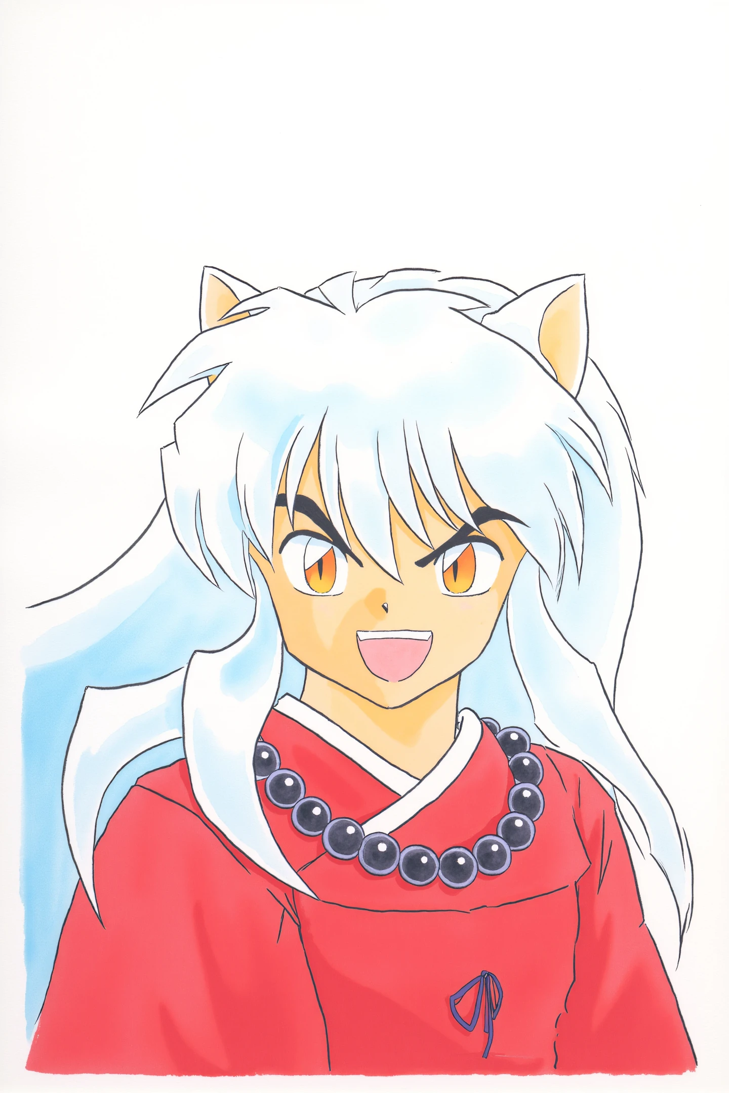 Inuyasha,solo,animal ears,male focus,1boy,white hair,dog ears,open mouth,smile,long hair,orange eyes,fangs,bead necklace,japanese clothes,upper body,looking at viewer,:d,slit pupils,yellow eyes,
<lora:Takahashi_Rumiko_FLUX:1>,