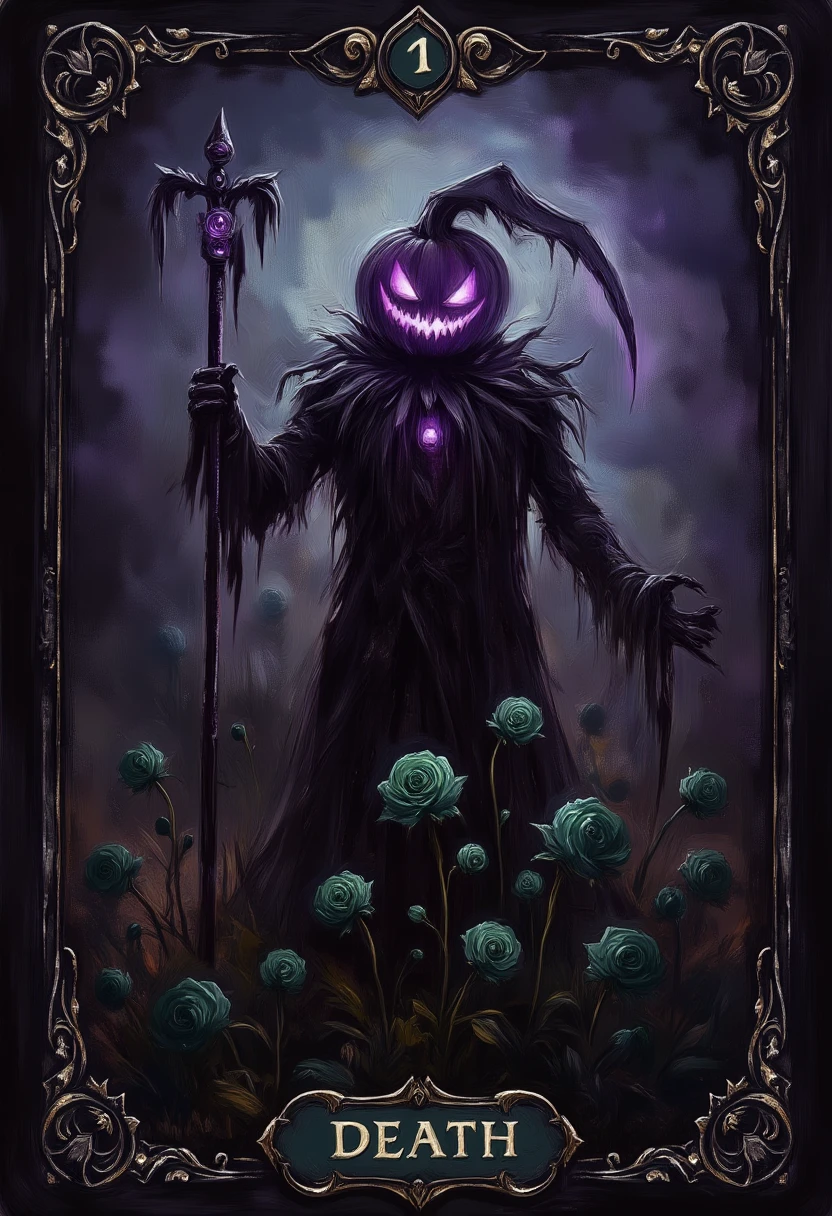 A dark, mystical tarot card titled "Death." The card features a large scythe with J4CK in the center with a blade glowing with dark violet light, surrounded by withered, emerald-green roses. The background is a deep, swirling mist in shades of dark violet and shadowy emerald, creating an eerie and calm atmosphere. The borders are adorned with intricate, Celtic-inspired patterns, with subtle hints of silver and gold against the dark backdrop