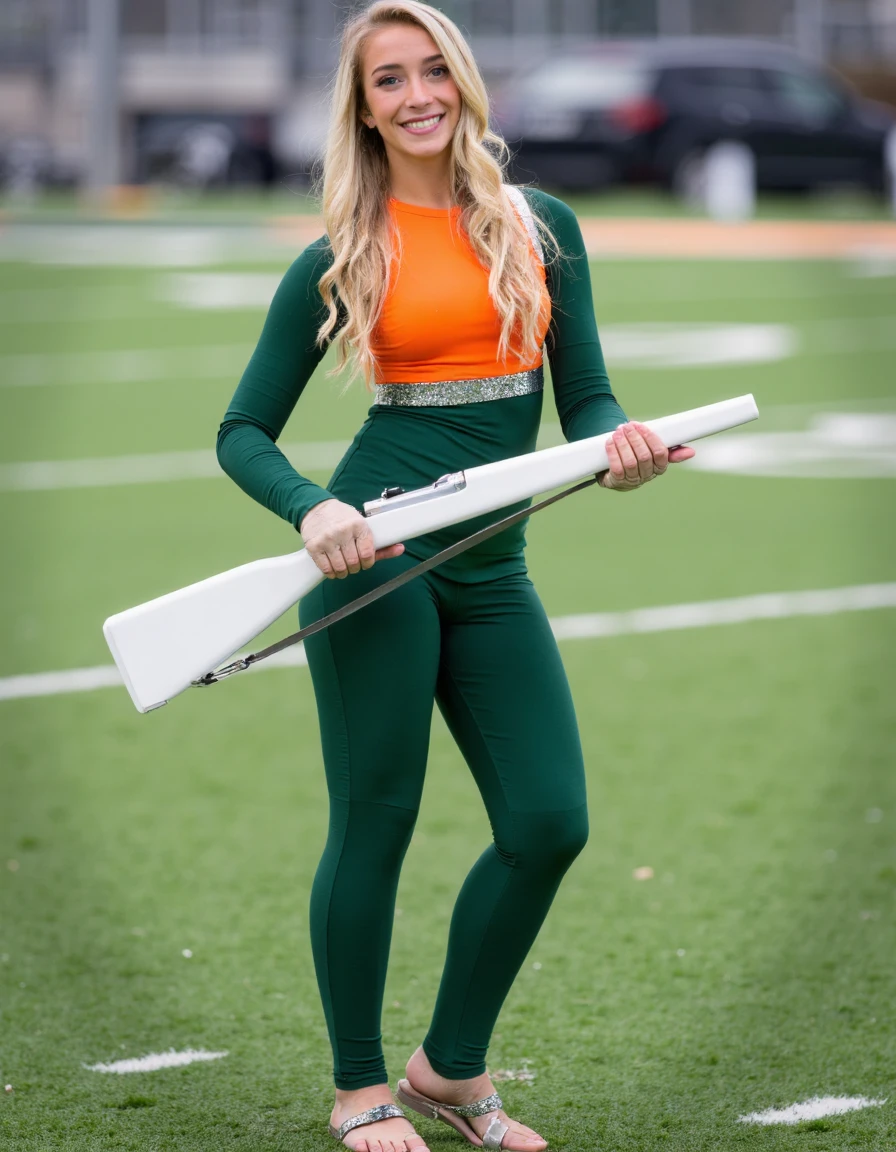 full body photo of a cute, smiling 18 year old girl wearing a green and orange colorguard costume with tights and matching sandals. She is holding a white cguardrifle with both of her hands. She has long blonde hair and blue eyes and is outdoors on a football field. <lora:FLUX_Colorguard_Costume:1>  <lora:Colorguard_Rifle:1>